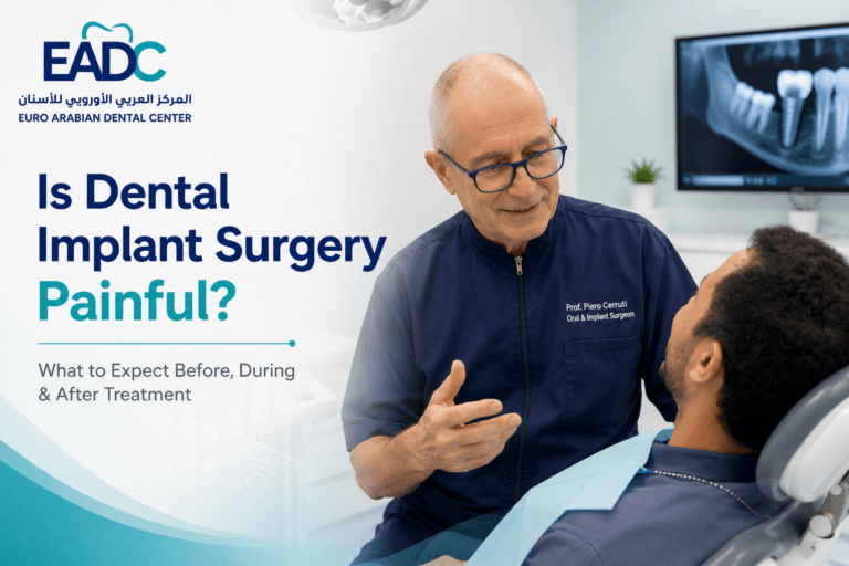 Dentist performing dental implant surgery on a patient at Euro Arabian Dental Center in Oman.