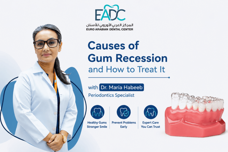 Dr. Maria Habeeb explaining the causes of gum recession and effective gum recession treatment at Euro Arabian Dental Center.