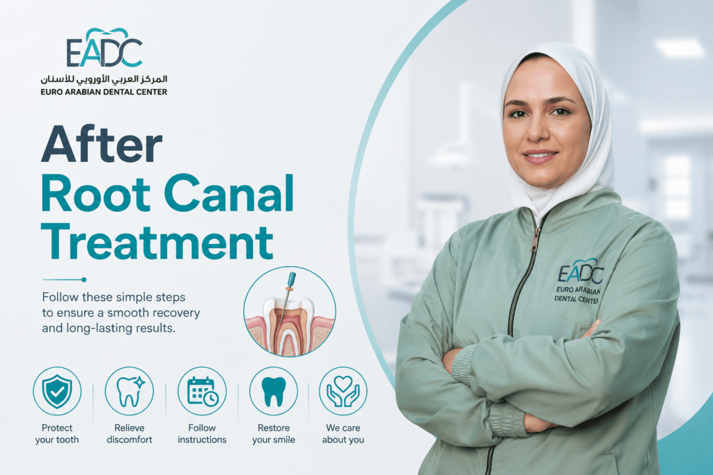 Dentist explaining after root canal treatment instructions to a patient at Euro Arabian Dental Center in Oman.