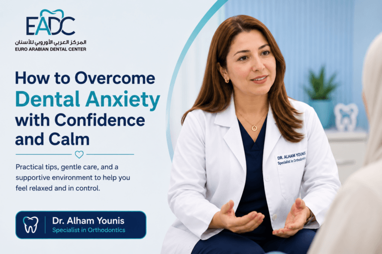 Dr. Alham Younis helping a patient overcome dental anxiety through gentle, compassionate dental care at Euro Arabian Dental Center.