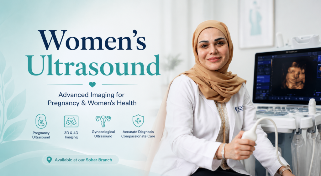 Female specialist performing a women's ultrasound examination using advanced imaging technology at Euro Arabian Specialist Medical Center in Sohar, Oman.