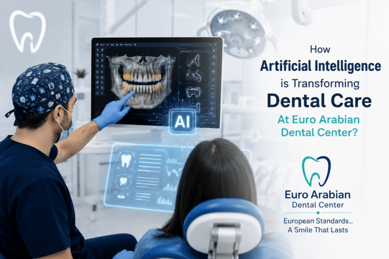 Dentist using artificial intelligence and digital dental imaging for accurate diagnosis at Euro Arabian Dental Center in Oman