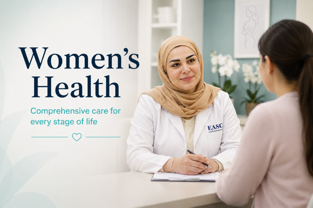 Female gynecologist providing a women's health consultation at Euro Arabian Specialist Medical Center in Sohar, Oman.