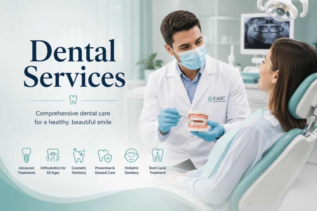 Dentist explaining dental treatment to a patient at Euro Arabian Dental Center in Oman.