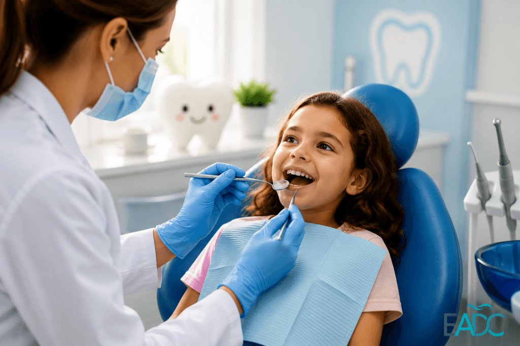 Young child having a routine dental examination with a pediatric dentist at Euro Arabian Dental Center to monitor oral health and prevent tooth decay.