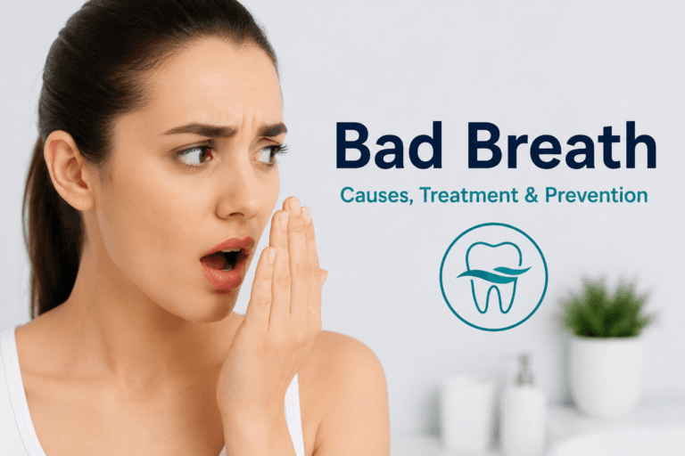 Woman concerned about bad breath covering her mouth, illustrating the causes, treatment, and prevention of halitosis.