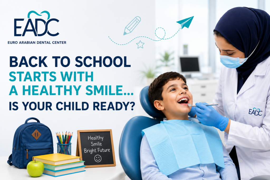 Smiling child receiving a dental check-up before the new school year at Euro Arabian Dental Center, highlighting the importance of preventive dental care for children.