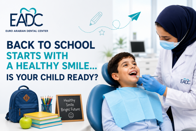 Smiling child receiving a dental check-up before the new school year at Euro Arabian Dental Center, highlighting the importance of preventive dental care for children.