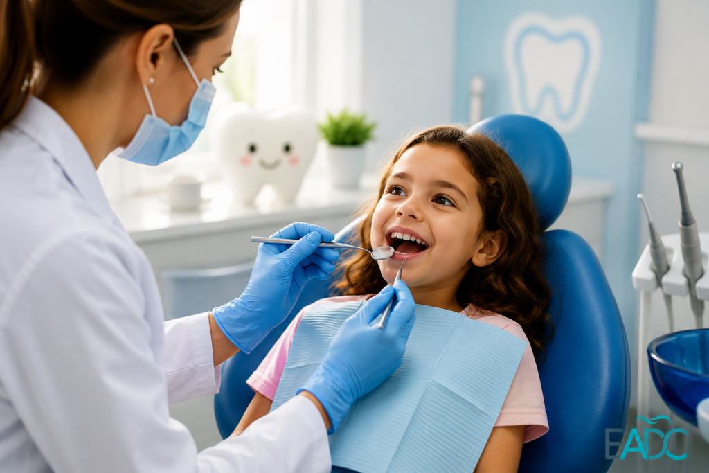طبيبة أسنان أطفال تعالج طفلاً داخل عيادة طب أسنان الأطفال في المركز الأوروبي العربي لطب الأسنان في مسقط، سلطنة عمان